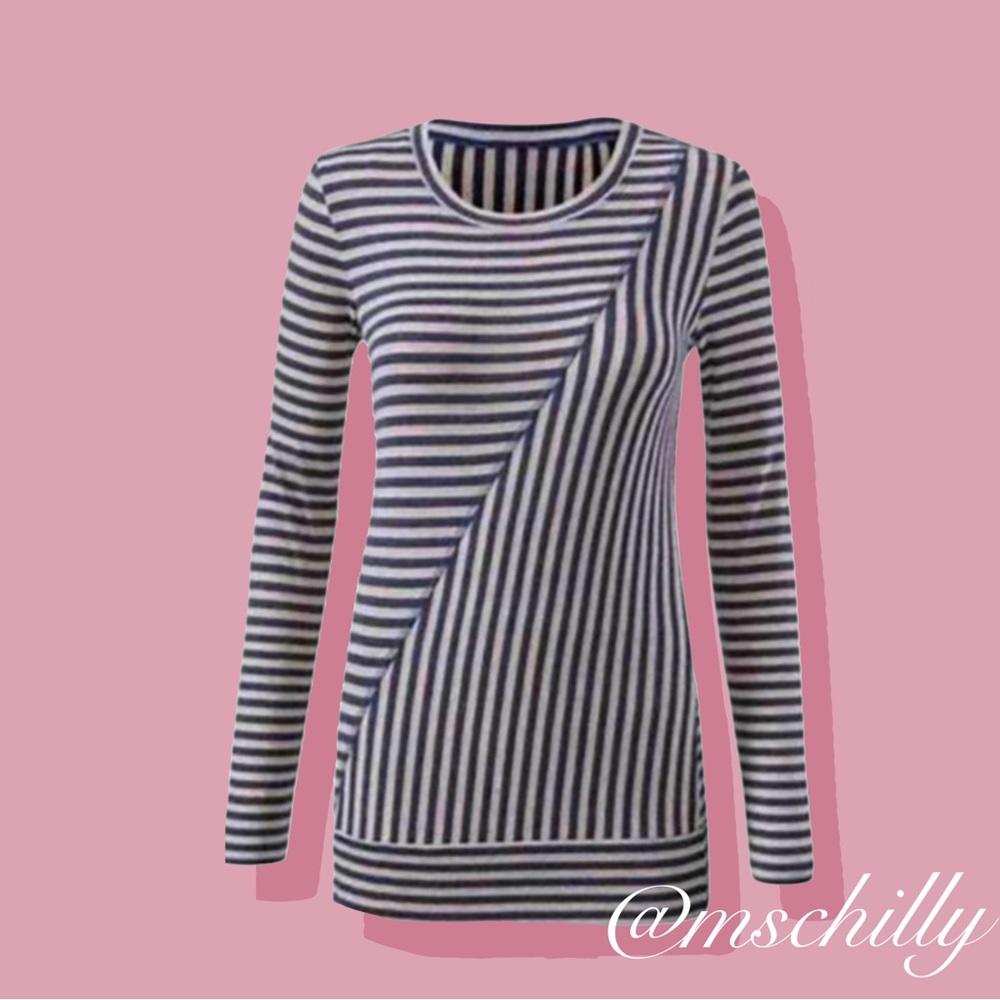 Cabi Ernest Striped Blue Gray Asymmetrical Long Sleeve Top 3228 M